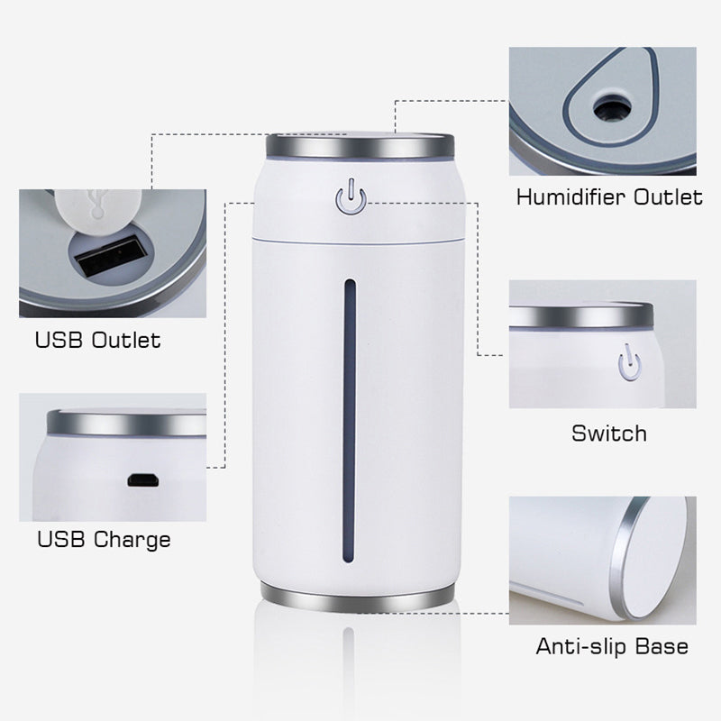 Car Humidifier | 220ml USB Aroma Diffuser | Mini Light & Fan | 2 Cotton Filters | ABS+PP | Black, Green & Pink