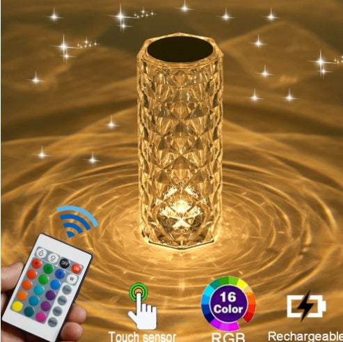 RGB Crystal Table Lamp | 16-Colour Touch & Remote | USB Rechargeable | ≤36V | Acrylic | Diamond & Small Waist Style | Bedroom, Bedside & Home Decor Night Light