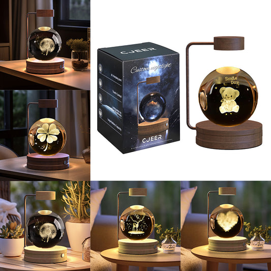 3D Crystal Glass LED Night Light | Touch Switch | USB Rechargeable | Walnut Wood Base | 27 Designs | Dark & Light Wood | Bedroom, Gift & Home Decor