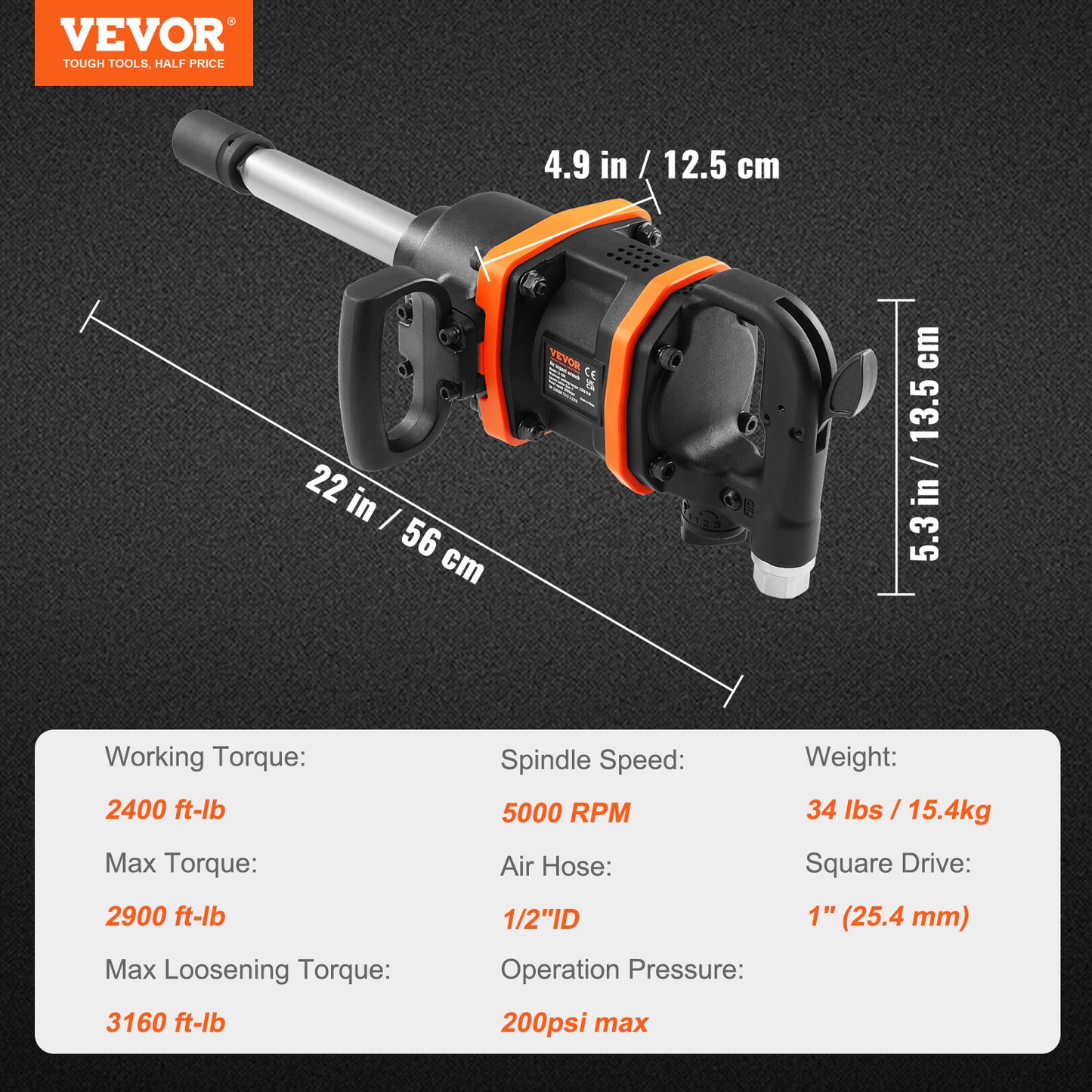 VEVOR 1" Air Impact Wrench | 3160 ft-lbs Reverse Torque, 8" Extended Anvil, Pneumatic Impact Gun & Case