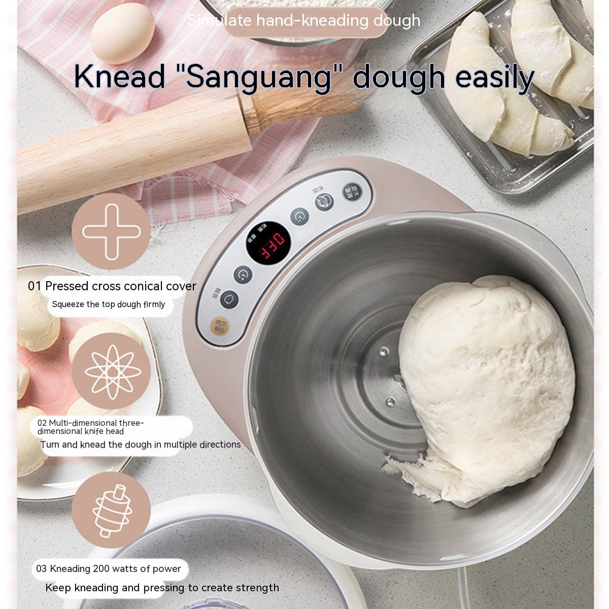 HMJ-A50B1 5L Stainless Steel Fully Automatic Dough Mixer & Noodle Maker | 111-240V, Silver, 220V & US Plug
