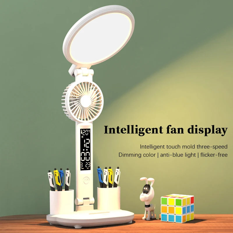 LED Clock Desk Lamp | 7W | 40 LEDs | 3-Colour + Dimmer | USB Rechargeable | Fan & Pen Holder | 2000 & 3200mAh