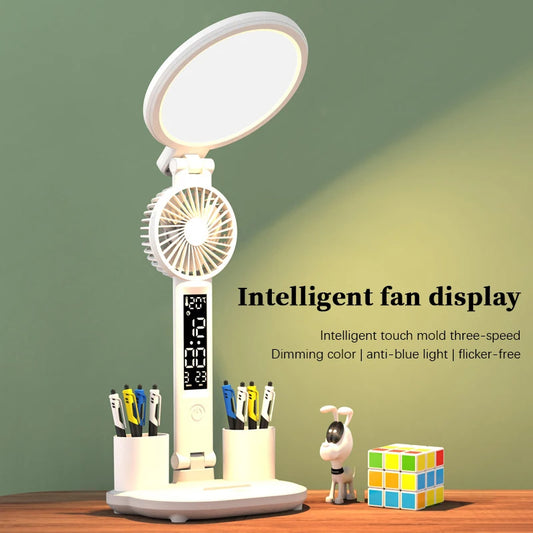 LED Clock Desk Lamp | 7W | 40 LEDs | 3-Colour + Dimmer | USB Rechargeable | Fan & Pen Holder | 2000 & 3200mAh