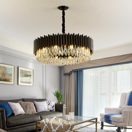Modern Black Iron & K9 Crystal LED Chandelier | Tricolor Dimming, 7 Sizes, Round & Oval, 111-240V