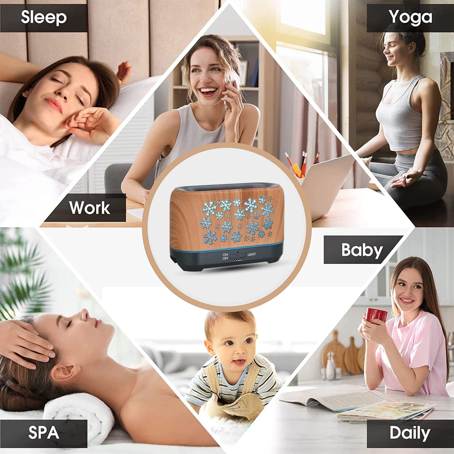 7-Colour Flame Effect Aromatherapy Diffuser & Humidifier | 8W | Wood Grain | Essential Oil | Remote Control | EU, UK & US Plug
