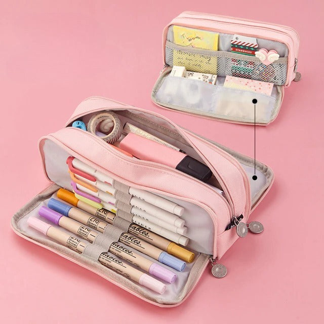 Oxford Cloth Pencil Case & Stationery Bag | Square, Medium-Soft | 21×9cm | Blue, Pink, Yellow