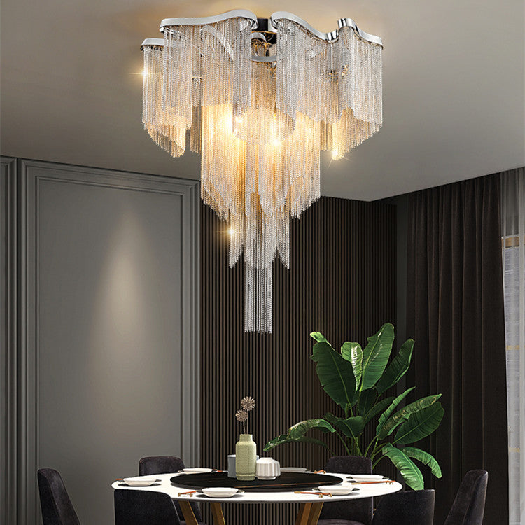 Nordic Luxury Silver Aluminium Chain Tassel LED Ceiling Light | 5 Sizes, Tricolor Dimming, 111-240V, 15-30㎡