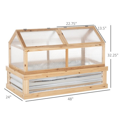 Outsunny 48"x24"x32" Raised Garden Bed with Cold Frame Greenhouse | Polycarbonate, Solid Fir Wood, Natural