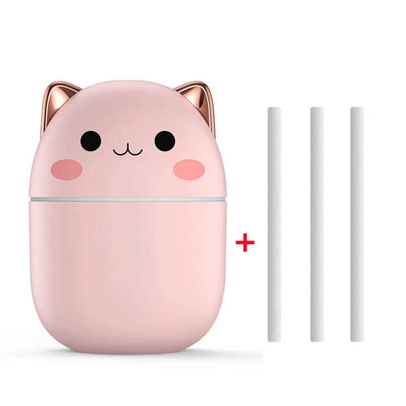 Cute Cat Mini USB Humidifier & Aroma Diffuser | Ultra-Silent | Cool Mist | LED | Electroplated ABS | Green, Pink & White