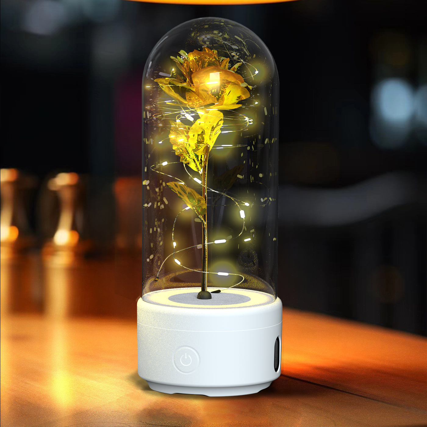 2-in-1 Eternal Rose LED Light & Bluetooth Speaker | Glass Dome | Handmade Preserved Flower | Copper Wire LED | HD Sound | Black & White Base | 5 Flower Colours | Valentine's & Gift