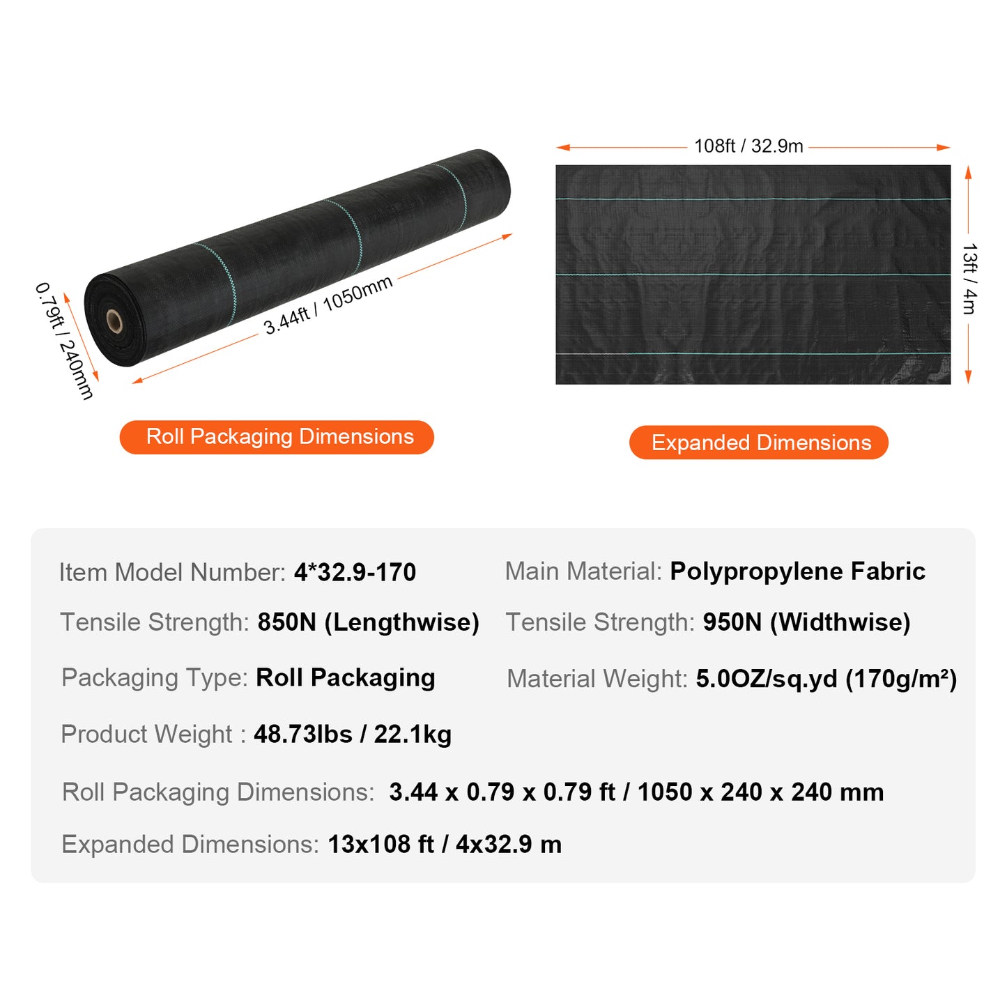 VEVOR 13ft×108ft Heavy-Duty Weed Barrier Landscape Fabric | 5oz Woven Geotextile, High Permeability, Garden & Driveway