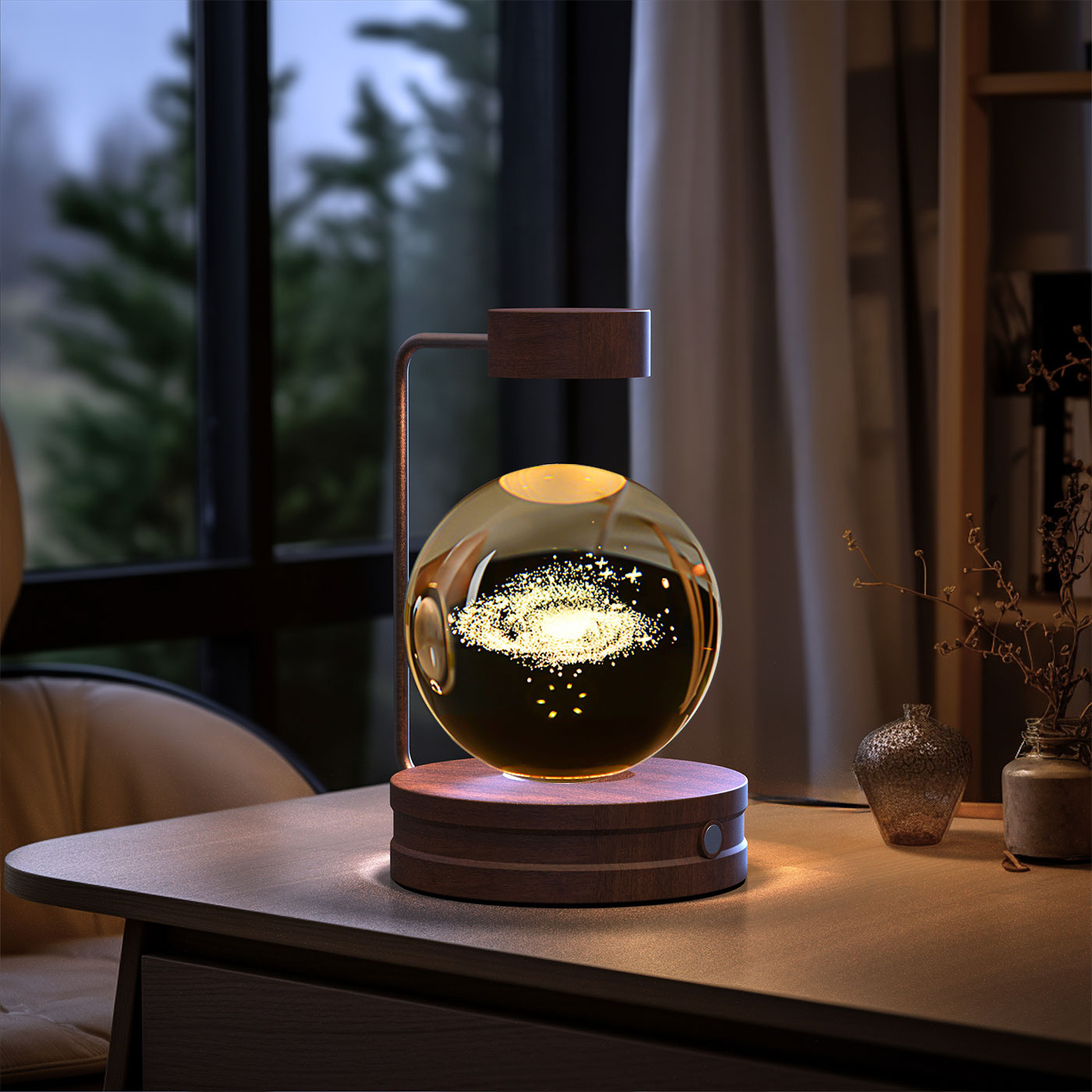 3D Crystal Glass LED Night Light | Touch Switch | USB Rechargeable | Walnut Wood Base | 27 Designs | Dark & Light Wood | Bedroom, Gift & Home Decor