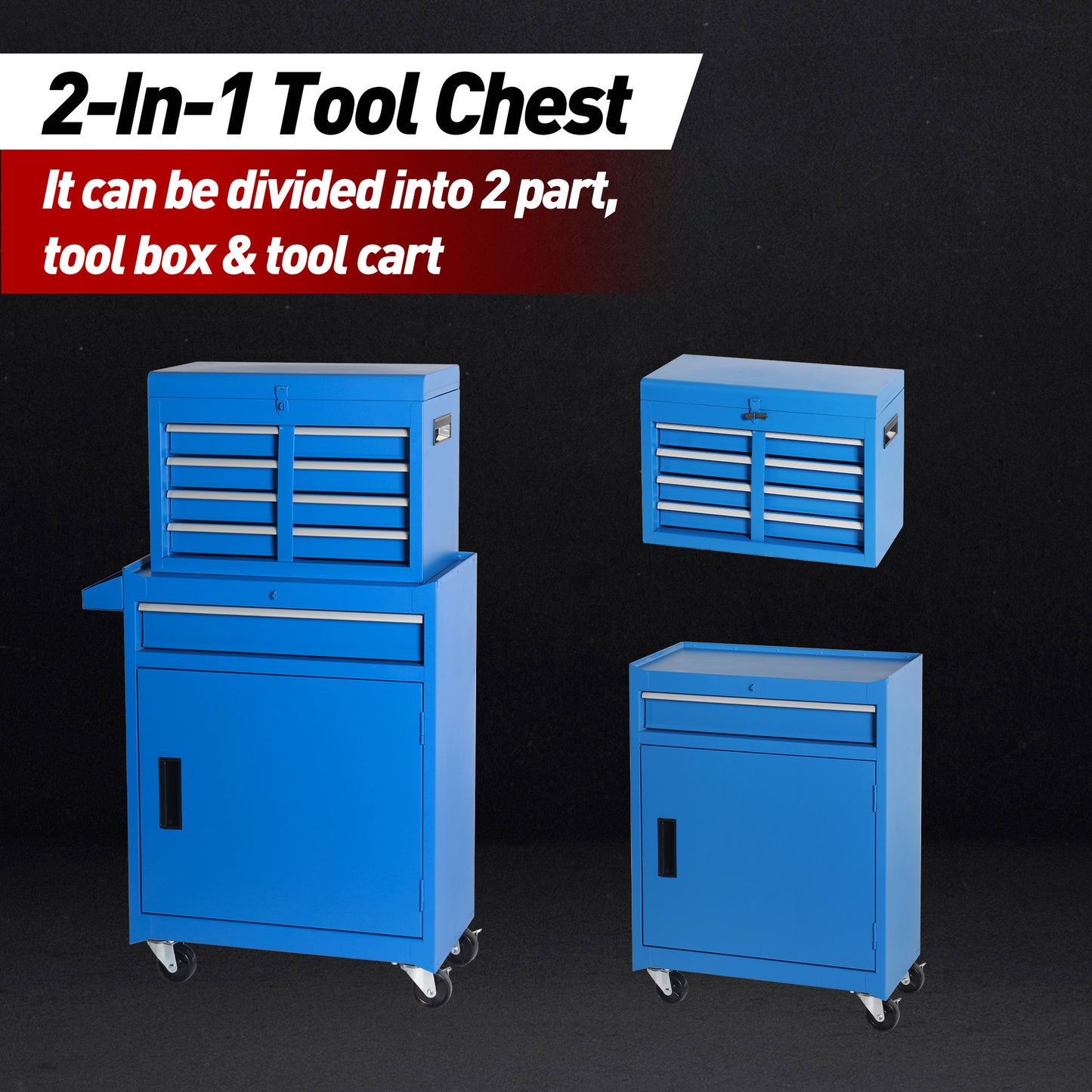 5-Drawer Rolling Tool Chest | Detachable Top Box, Lockable Wheels, Drawer Liner, Adjustable Shelf, Blue