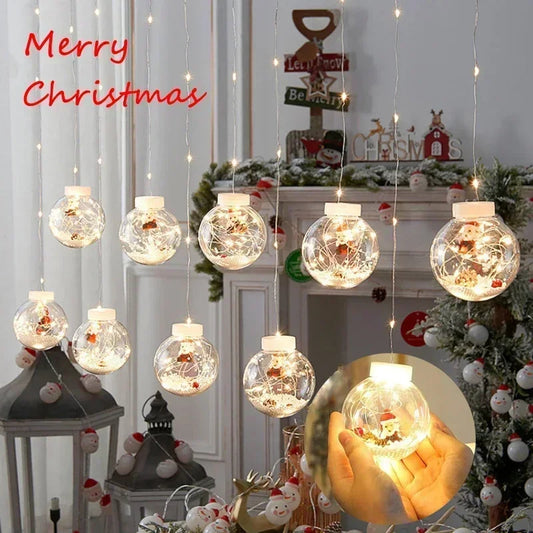 10-Piece LED Christmas Wishing Ball String Lights | PVC | Snowman, Santa & Christmas Tree | Window & Room Decoration | Fairy Curtain Light