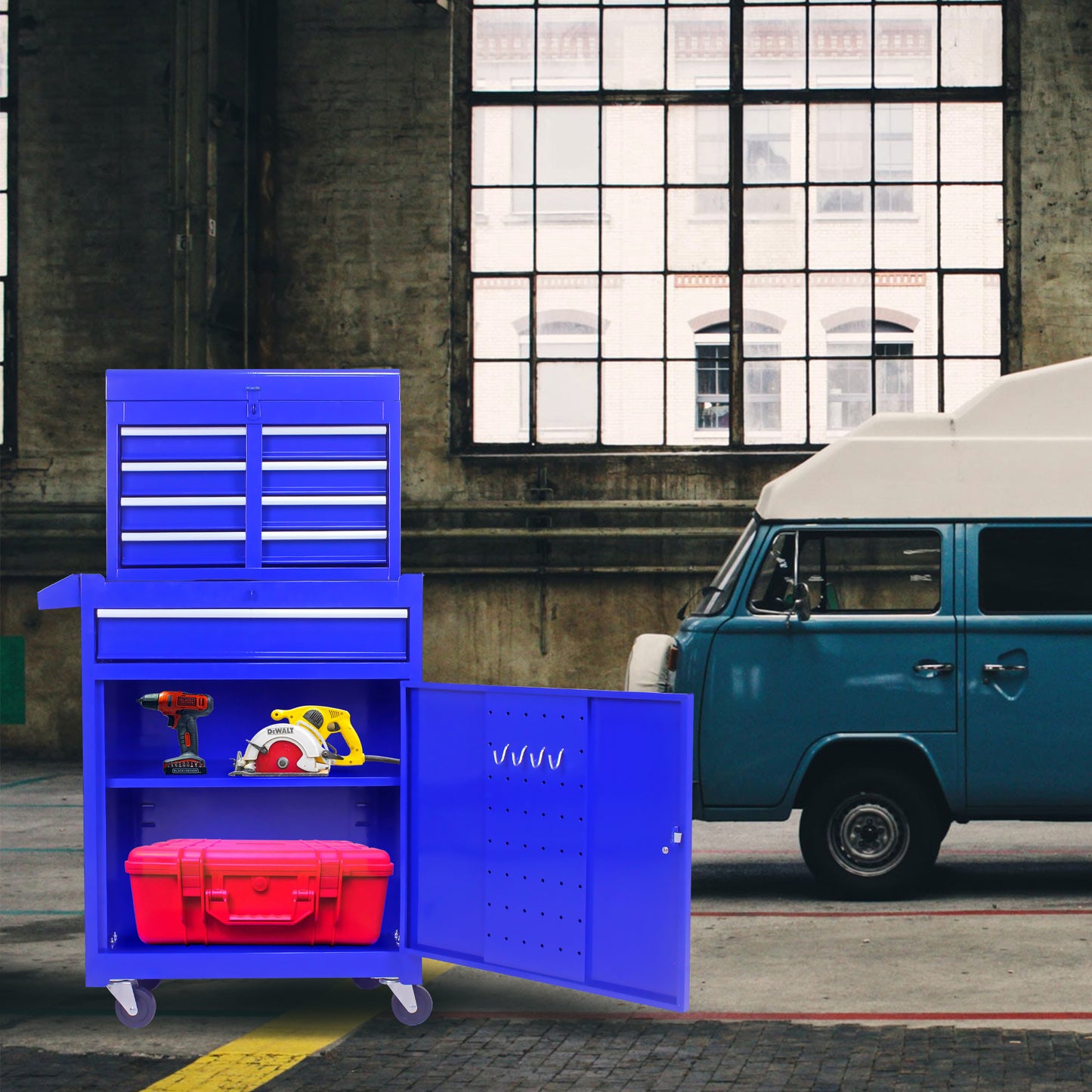 5-Drawer Detachable Tool Chest with Bottom Cabinet | 100kg Capacity, 4 Wheels, Adjustable Shelf, Blue