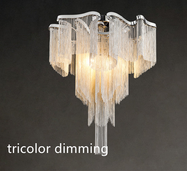 Nordic Luxury Silver Aluminium Chain Tassel LED Ceiling Light | 5 Sizes, Tricolor Dimming, 111-240V, 15-30㎡
