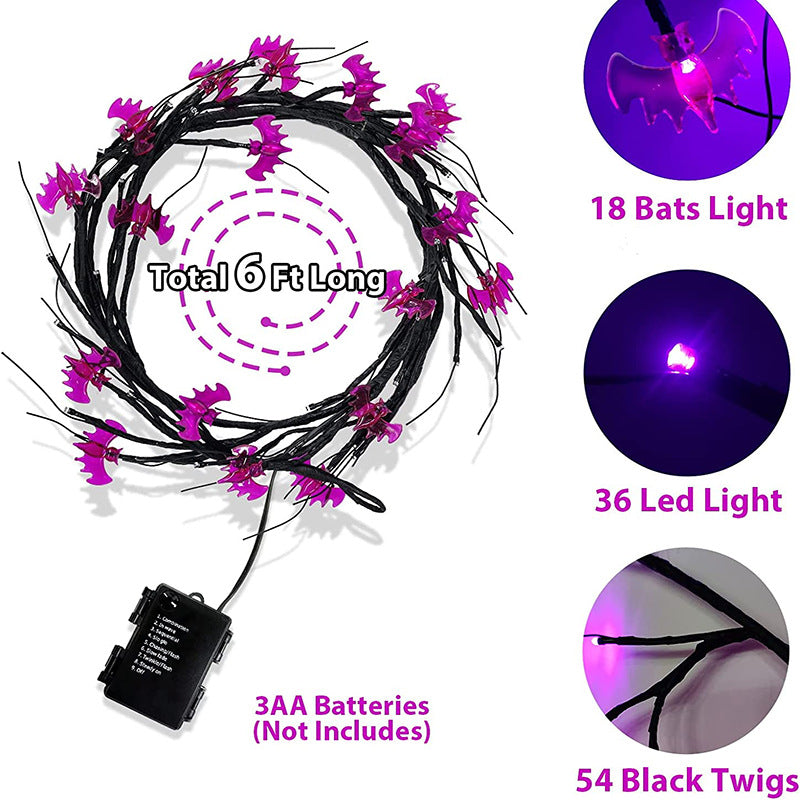Halloween LED Vine Rattan String Lights | 100 LED | 2m | 4.5V | 50,000hr | Bat & Pumpkin Figures | Indoor & Outdoor | Party, Window & Home Decor | Singles & Bundle Set