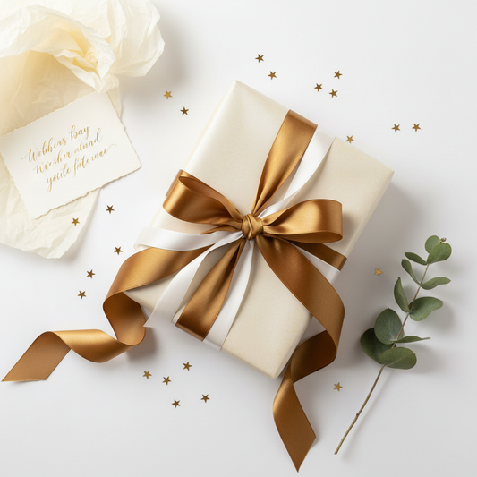 Luxury gift wrapping service - premium wrapped gift box with satin ribbon and personalized card