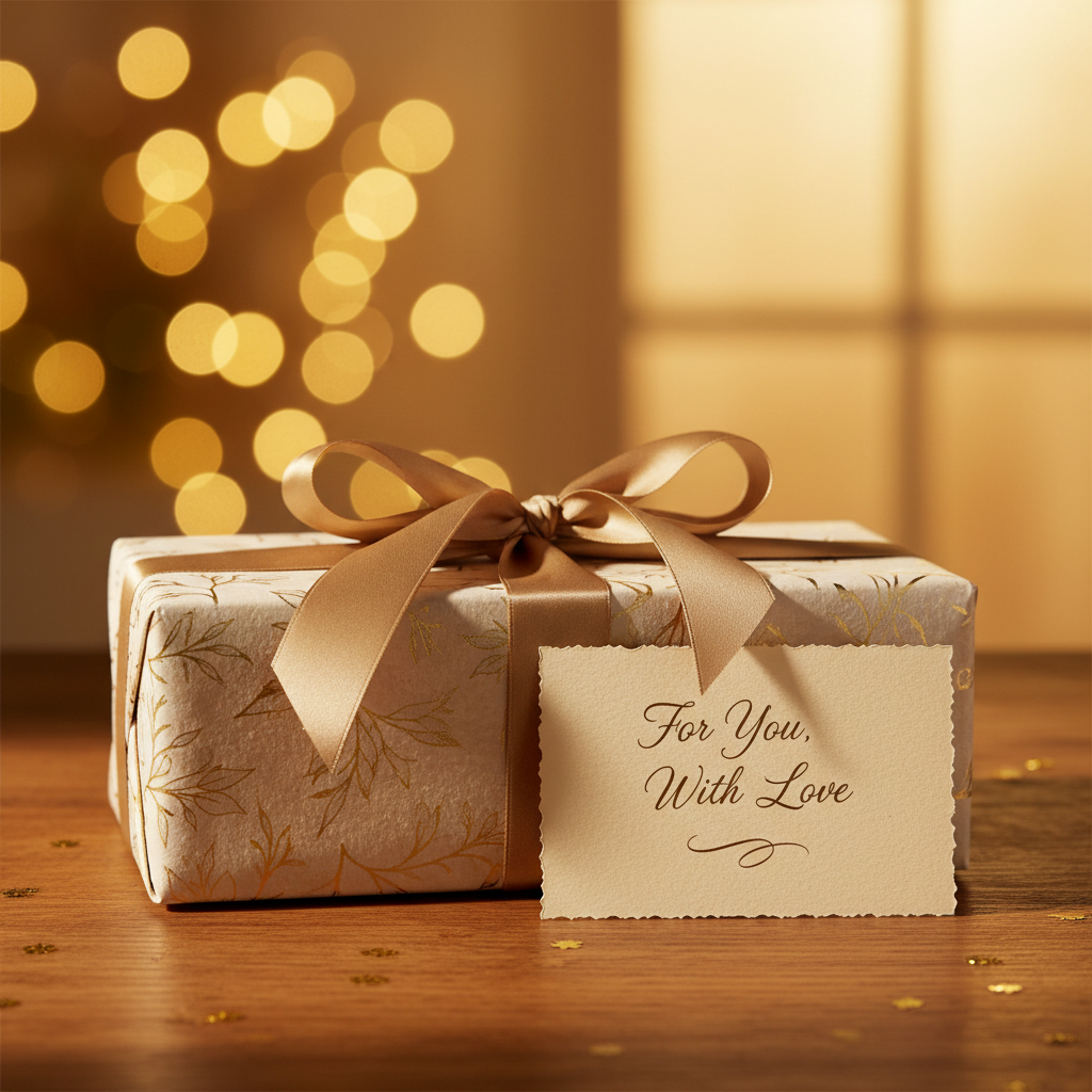 Gift Wrapping Service – Premium wrap with personalized handwritten message card, warm lifestyle setting | SUNSHINE EMPIRE