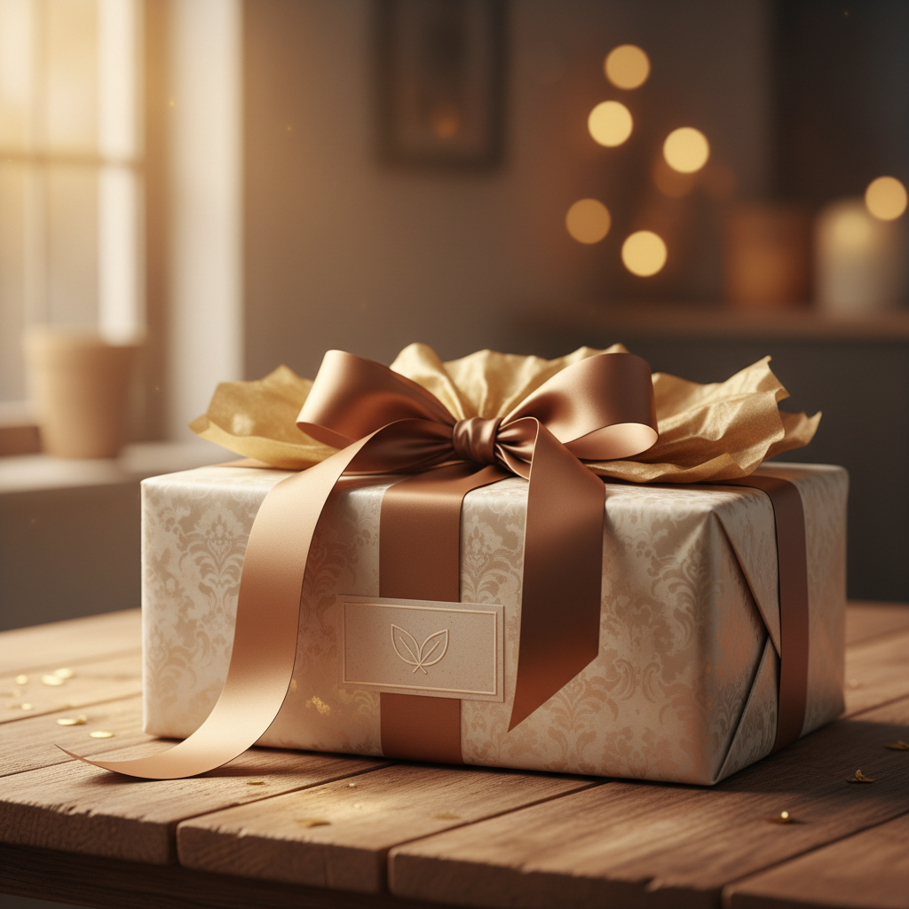 Gift Wrapping Service – Premium wrap with satin ribbon bow and decorative tissue, warm lifestyle setting | SUNSHINE EMPIRE