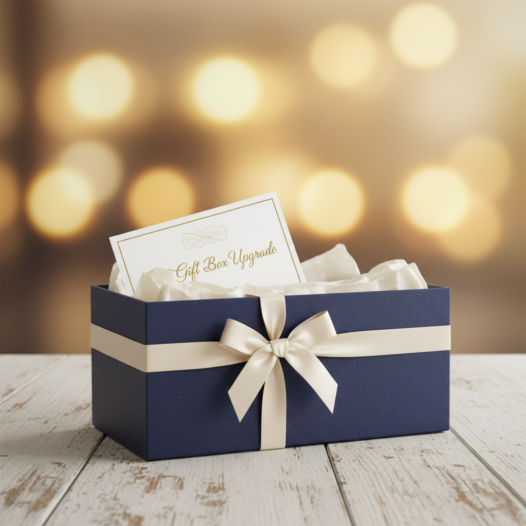 Gift Wrapping Service – Luxury rigid gift box upgrade with satin ribbon and tissue paper, warm lifestyle setting | SUNSHINE EMPIRE