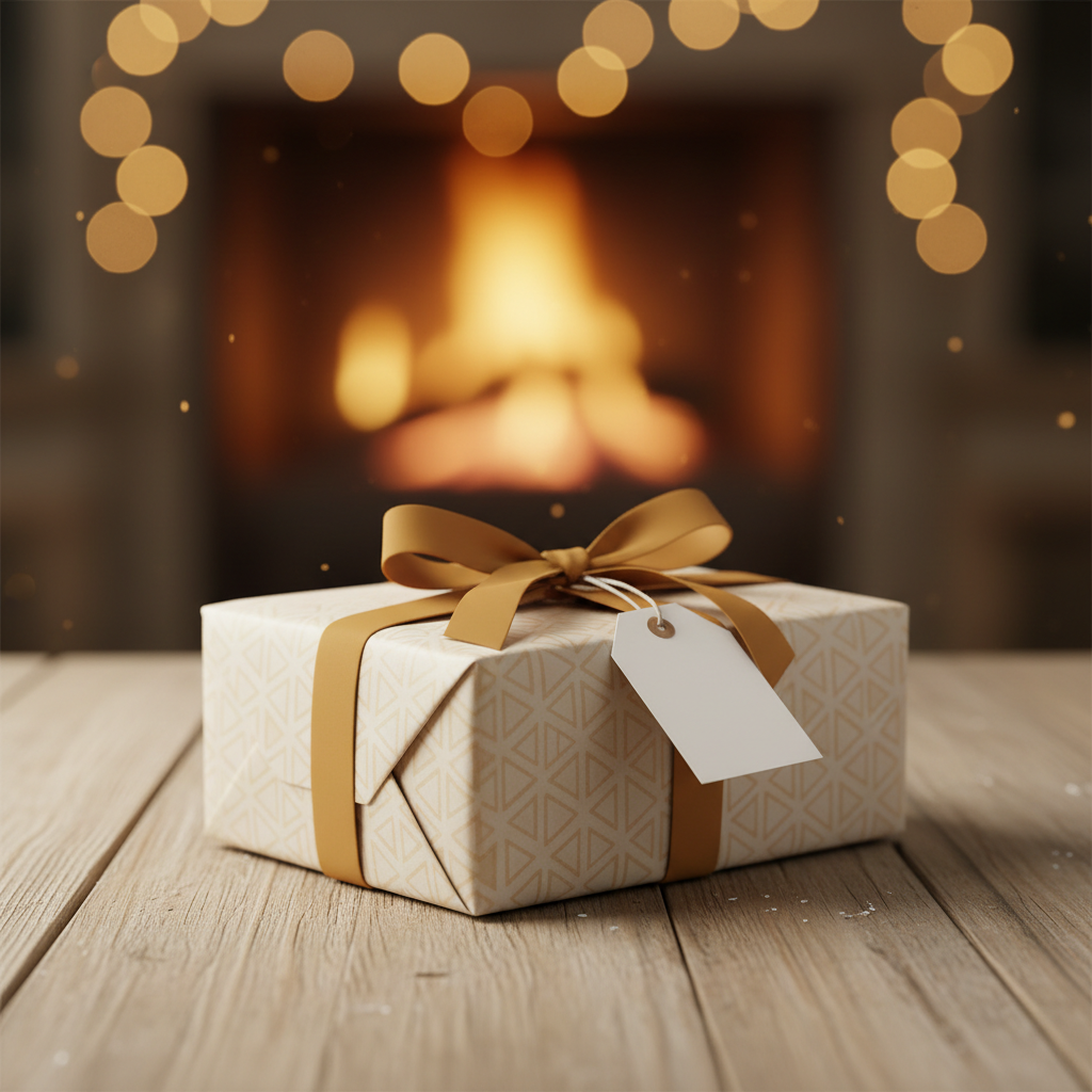 Gift Wrapping Service – Standard wrap with ribbon on wooden table, warm lifestyle setting | SUNSHINE EMPIRE